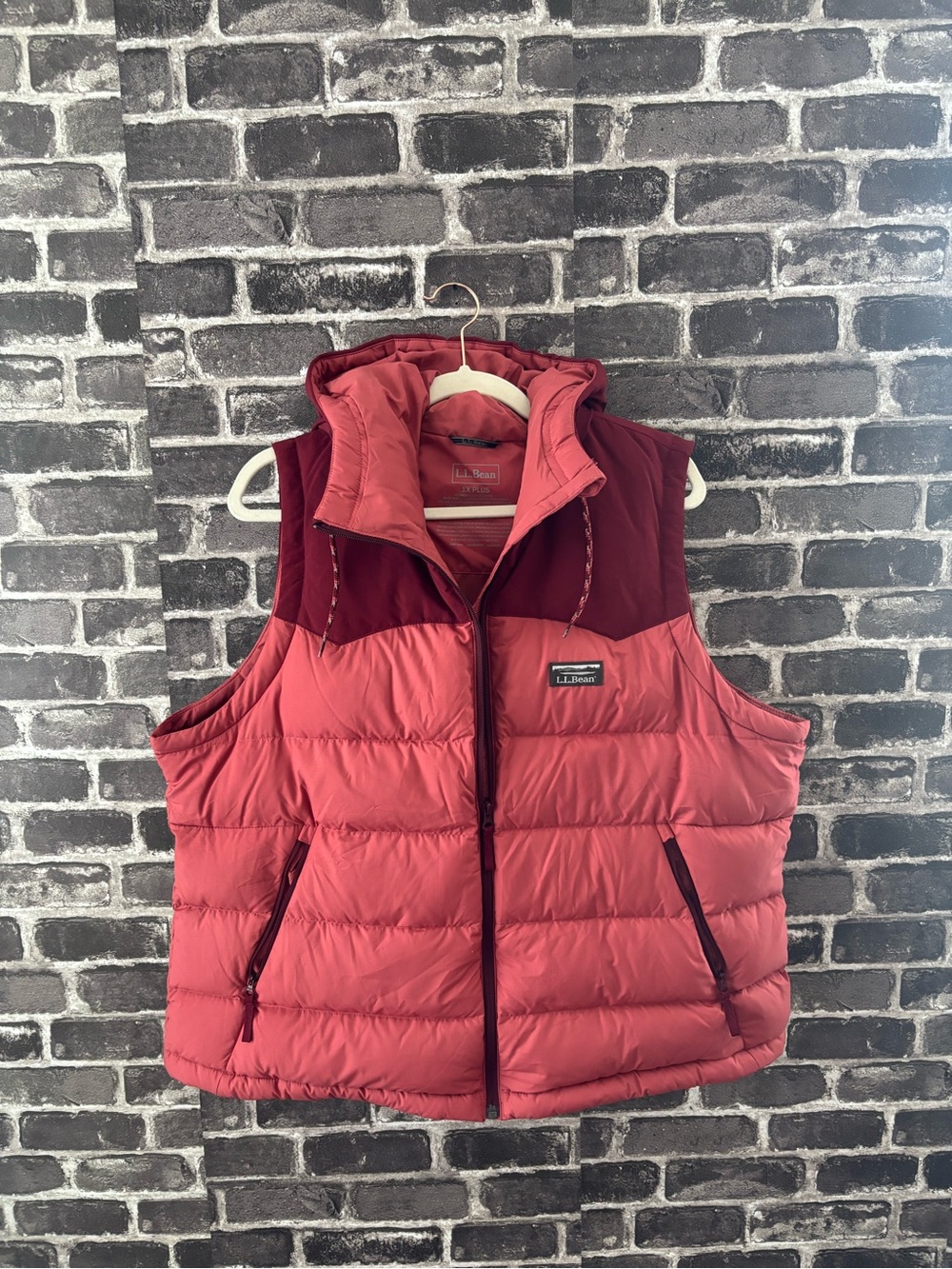 L.L. Bean Two-Tone Coral and Burgundy Quilted Hooded Vest